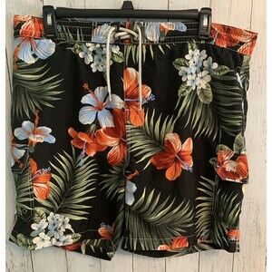 Carribean Joe Mens Swim Trunks Size Large  Shorts Black Tropical Drawstring
